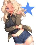  ;d bad_id bad_pixiv_id black_shirt blonde_hair blue_eyes blue_shorts brown_jacket denim denim_shorts girls_und_panzer jacket kay_(girls_und_panzer) long_hair long_sleeves looking_at_viewer midriff military military_uniform one_eye_closed open_clothes open_jacket open_mouth pairan saunders_military_uniform shirt short_shorts shorts simple_background smile solo star thighhighs uniform white_background white_legwear 