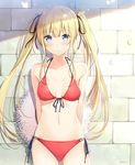  6u_(eternal_land) arms_behind_back bikini blonde_hair blue_eyes breasts front-tie_top hat long_hair looking_at_viewer multi-strapped_bikini navel red_bikini saenai_heroine_no_sodatekata sawamura_spencer_eriri side-tie_bikini small_breasts solo stone_wall straw_hat sun_hat swimsuit thigh_gap twintails wall 