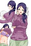  alp bra breasts curvy green_eyes large_breasts long_skirt love_live! love_live!_school_idol_project low_ponytail older plump purple_hair ribbed_sweater sketch skirt sweater toujou_nozomi underwear undressing 