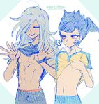  2boys abs blue_hair grey_hair hair_over_one_eye haizaki_ryouhei inazuma_eleven_(series) inazuma_eleven_ares_no_tenbin inazuma_eleven_go long_hair male_focus multiple_boys muscle orange_eyes soccer_uniform tsurugi_kyousuke 