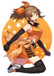  bare_shoulders belt black_footwear black_gloves black_legwear boots bow brown_hair dolnamu elbow_gloves gloves hair_bow high_heel_boots high_heels hori_yuuko idolmaster idolmaster_cinderella_girls long_hair looking_at_viewer miniskirt open_mouth orange_bow orange_eyes ponytail skirt solo thigh_boots thighhighs thighs zipper 