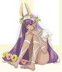  absurdres animal_ears barefoot blush bridal_veil commentary_request dark_skin earrings facial_mark fate/grand_order fate_(series) flower hairband hand_on_own_knee highres hoop_earrings hrmnas jackal_ears jewelry long_hair nitocris_(fate/grand_order) purple_eyes purple_hair solo veil very_long_hair 