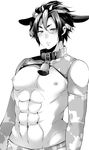  1boy abs all_out!! animal_ears bed blush collar costume funkasiahq horns looking_at_viewer monochrome muscle nipples pecs solo sweat 