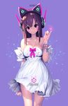  axent_wear bangs bare_shoulders bow bracelet breasts brown_eyes brown_hair cat_ear_headphones character_name circuit_board cleavage closed_mouth collarbone copyright_name cowboy_shot d.va_(overwatch) dress dress_tug emblem eyebrows_visible_through_hair fingernails hair_between_eyes hand_up head_tilt headphones highres jewelry large_breasts light_particles long_fingernails long_hair looking_at_viewer mandrill nail_polish overwatch pink_bow pink_nails pinky_out purple_background short_dress smile solo strapless strapless_dress sundress white_dress 