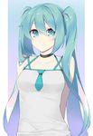  aqua_eyes aqua_hair arms_behind_back bare_shoulders breasts choker collarbone expressionless eyelashes fhang hair_between_eyes hair_ornament hatsune_miku long_hair looking_at_viewer medium_breasts pale_skin simple_background solo twintails very_long_hair vocaloid 