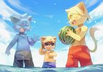  anthro blue_eyes canine chest_tuft clothing cub dog eyes_closed feline food fruit male mammal melon navel numuya open_mouth shota sky smile standing swimming_trunks swimsuit tuft water watermelon young 