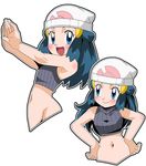  :d bare_shoulders beanie blue_eyes blue_hair blush bottomless groin hainchu hands_on_hips hat hikari_(pokemon) long_hair looking_at_viewer looking_to_the_side midriff navel open_mouth outstretched_arms pokemon pokemon_(anime) simple_background sleeveless smile solo stomach sweater turtleneck turtleneck_sweater upper_body white_background 