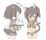  animal_ears armor bangs bikini_armor birthday birthday_cake blade_(galaxist) blush brown_gloves brown_hair cake cat_ears cat_girl cat_tail chibi commentary_request cropped_legs dog_ears dog_girl dog_tail eyebrows_visible_through_hair food gloves hair_between_eyes highlights looking_at_another multicolored_hair multiple_girls navel open_mouth ponytail pop-up_story renge_miyamoto sidelocks simple_background smile suzuna_isurugi tail twiddling_fingers white_background yellow_eyes 