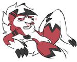  canine claws female fur hair hexeix lycanroc mammal midnight_lycanroc multicolored_fur nintendo nipples open_mouth paws pok&eacute;mon pussy red_fur simple_background solo tongue tongue_out video_games white_fur 