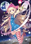  abusoru alternate_legwear american_flag_dress american_flag_legwear armpits arms_at_sides artist_name bangs bare_arms blonde_hair breasts clownpiece dress earth eyebrows_visible_through_hair fairy_wings full_body hat holding jester_cap long_hair looking_at_viewer moon neck_ruff no_shoes open_mouth outdoors polka_dot purple_eyes sky sleeveless sleeveless_dress small_breasts solo space star star_(sky) star_print starry_sky striped striped_dress striped_legwear thighhighs torch touhou very_long_hair wide_hips wings zettai_ryouiki 