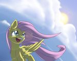  blue_eyes day equine eyelashes feathered_wings feathers fluttershy_(mlp) friendship_is_magic fur hair long_hair mammal my_little_pony outside pegasus pink_hair sky smile standing teeth tongue wings xduskstarx yellow_eyes yellow_fur 