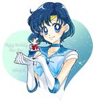  bishoujo_senshi_sailor_moon blue_bow blue_choker blue_eyes blue_hair blue_sailor_collar blue_skirt bow brooch character_name chibi choker circlet closed_mouth dated dual_persona earrings elbow_gloves gloves happy_birthday jewelry juuban_middle_school_uniform looking_at_viewer magical_girl mizuno_ami multiple_girls pleated_skirt red_bow sailor_collar sailor_mercury sailor_senshi_uniform sarashina_kau school_uniform serafuku short_hair skirt smile socks white_gloves 