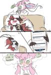  canine claws comic eeveelution female fur hair hexeix humor lycanroc mammal midnight_lycanroc multicolored_fur nintendo paws phone pok&eacute;mon red_fur simple_background sofa sylveon video_games white_fur 