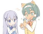  2girls animal_ears bangs blade_(galaxist) blue_eyes blue_hair blush commentary_request cosplay crossover dark_skin fang forked_eyebrows frills gochuumon_wa_usagi_desu_ka? green_eyes green_hair hair_ornament hannah_blaze holding holding_pencil kafuu_chino long_sleeves matching_outfit multiple_girls open_mouth pencil pop-up_story rabbit_house_uniform simple_background smile sparkle tareme thick_eyebrows tiger_ears tiger_girl upper_body vest white_background x_hair_ornament 