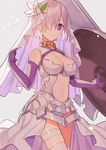  adapted_costume aikanm armor armored_dress breasts bright_pupils cleavage cleavage_cutout closed_mouth contrapposto cowboy_shot dress elbow_gloves fate/grand_order fate_(series) flower gloves grey_background hair_flower hair_ornament hair_over_one_eye large_breasts leotard looking_at_viewer mash_kyrielight navel navel_cutout pink_hair purple_eyes shield short_hair simple_background smile solo standing thigh_strap thighhighs veil white_dress white_legwear white_leotard white_pupils 