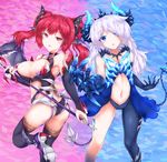  2girls artist_request ass bare_shoulders blue_eyes blue_hair blush boots breasts crown demon_girl demon_horns demon_wings elbow_gloves elsword high_heel_boots high_heels horns karis_(elsword) large_breasts leotard long_hair looking_at_viewer looking_back luciela_r._sourcream multiple_girls noblesse_(elsword) open_mouth parted_lips red_eyes red_hair shiny shiny_hair shiny_skin smile spear tail thigh_boots thighhighs twintails weapon wings 