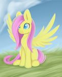  blue_eyes day equine eyelashes feathered_wings feathers female feral fluttershy_(mlp) friendship_is_magic hair hooves long_hair mammal my_little_pony outside pegasus pink_hair sitting sky smile solo wings xduskstarx yellow_feathers 