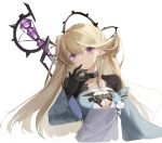  1girl arknights bangs black_choker black_gloves blonde_hair breasts choker cleavage closed_mouth expressionless eyebrows_visible_through_hair finger_to_mouth flower gloves highres indigo_(arknights) inez long_hair looking_at_viewer pointy_ears purple_eyes solo upper_body white_background 