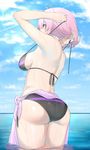  ahoge arms_up ass bad_id bad_pixiv_id bikini black_bikini blue_sky breasts cloud cloudy_sky cowboy_shot day eyebrows_visible_through_hair fate/grand_order fate_(series) from_behind hair_between_eyes hair_lift highres horizon lens_flare looking_away mash_kyrielight medium_breasts nape ocean outdoors pink_eyes pink_hair sarong short_hair side-tie_bikini sideboob sky solo strap_gap suzuharu_toufu swimsuit thighs tying untied untied_bikini wading wet 