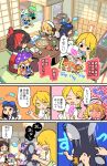  6+girls cirno clownpiece crying crying_with_eyes_open cup daiyousei hakurei_reimu highres juggling kirisame_marisa laughing luna_child moyazou_(kitaguni_moyashi_seizoujo) multiple_girls polishing poop_on_a_stick star_sapphire sunny_milk table teapot tears tickling tissue tissue_box touhou wooden_ta yunomi 