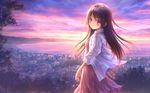  blush brown_eyes brown_hair dress dusk floating_hair goto_p highres jacket long_hair long_long_love_song open_clothes open_jacket outdoors parted_lips pink_dress solo very_long_hair white_jacket 