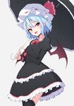  :d bat_wings black_dress black_legwear blue_hair blush breasts dress fang frilled_dress frilled_sleeves frills junior27016 long_sleeves looking_at_viewer open_mouth pointy_ears puffy_sleeves red_eyes remilia_scarlet short_hair simple_background small_breasts smile solo thighhighs touhou umbrella wings 