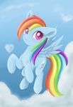  blue_feathers cutie_mark day equine eyelashes feathered_wings feathers female feral friendship_is_magic hair hooves mammal multicolored_hair my_little_pony outside pegasus purple_eyes rainbow_dash_(mlp) rainbow_hair sky smile solo wings xduskstarx 