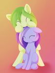  duo equine eyes_closed fan_character feral green_hair hair mammal my_little_pony purple_hair simple_background sitting smile standing xduskstarx 