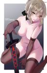  1girl artoria_pendragon_(fate) bangs blonde_hair blush breasts collarbone excalibur_morgan_(fate) fate/stay_night fate_(series) highres long_hair looking_at_viewer medium_breasts navel nipples saber_alter solo tofuubear yellow_eyes 