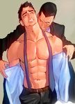  2boys abs bara male_focus multiple_boys muscle necktie pecs suit tofu(artist) unbuttoned undressing yaoi 