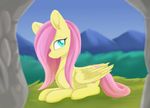  blue_eyes cutie_mark day detailed_background equine feathered_wings feathers female feral fluttershy_(mlp) friendship_is_magic fur grass hooves mammal my_little_pony outside pegasus smile solo wings xduskstarx yellow_feathers yellow_fur 