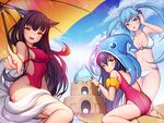  ahri animal_ears ass bad_id bad_pixiv_id black_hair blue_eyes blue_hair blush breasts cleavage eyebrows_visible_through_hair fox_ears fox_tail highres large_breasts league_of_legends lee_seok_ho looking_at_viewer lulu_(league_of_legends) multiple_girls navel open_mouth purple_hair sand_castle sand_sculpture sideboob sitting smile sona_buvelle tail teeth yellow_eyes zac 