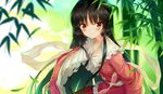  bamboo bangs black_hair blush commentary_request day highres houraisan_kaguya japanese_clothes long_hair long_sleeves looking_at_viewer outdoors red_eyes shawl skirt smile solo touhou very_long_hair wide_sleeves wukloo 