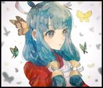  black_border blue_hair border brown_eyes bug butterfly fire_emblem fire_emblem_if insect low_twintails mitama_(fire_emblem_if) portrait shourou_kanna solo star star-shaped_pupils symbol-shaped_pupils twintails 