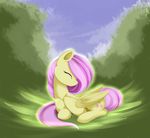  cutie_mark day equine eyes_closed feathered_wings feathers female feral fluttershy_(mlp) friendship_is_magic hooves lying mammal my_little_pony outside pegasus sky smile solo wings xduskstarx yellow_feathers 