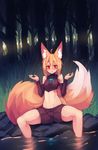  2017 animal_humanoid armwear athletic big_tail blonde_hair blonde_tail blush breasts camel_toe canine clothed clothing crop_top elbow_gloves female forest fox fox_humanoid gloves glowing glowing_pendant grass hair huge_tail humanoid inner_ear_fluff jewelry long_hair looking_at_viewer mammal midriff navel necklace open_mouth outside pendant pond red_eyes rock shirt shorts sitting sleeveless slit_pupils small_breasts solo sub-res suzu_(sub-res) tight_clothing tree water 
