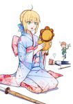  2girls ahoge artoria_pendragon_(all) blonde_hair brown_hair cup dress emiya_shirou fate/stay_night fate_(series) fujimura_taiga furisode green_eyes hair_bun head_bump japanese_clothes jun_ling kimono lying multiple_girls on_back open_mouth orange_hair saber seiza shaded_face shinai sitting smile stuffed_animal stuffed_lion stuffed_toy sword tray weapon 