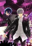  black_jacket black_pants blue_hair bug checkered checkered_floor cowboy_shot dress_shirt grey_eyes hair_between_eyes jacket looking_at_viewer male_focus multiple_boys narukami_yuu open_clothes open_jacket outstretched_arm pants persona persona_3 persona_4 persona_q:_shadow_of_the_labyrinth persona_q_(series) shirt silk silver_hair spider spider_web standing white_shirt yu@genkoochu(5tsukino) yuuki_makoto 