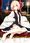  :q barefoot bed bedroom blonde_hair candle candlelight candlestand feet frilled_skirt frills hair_ribbon highres indoors navel no_panties on_bed open_clothes open_shirt open_vest red_eyes ribbon rumia sakusyo shirt short_hair signature skirt solo tongue tongue_out touhou vest window 