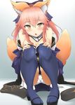  :o animal_ears bangs blue_legwear breasts eyebrows_visible_through_hair fang fate/extra fate_(series) fox_ears fox_tail hair_between_eyes hands_on_own_knees highres large_breasts long_hair looking_at_viewer momio multiple_tails open_mouth panties pantyshot pigeon-toed pink_hair sandals sidelocks solo squatting tail tamamo_(fate)_(all) tamamo_no_mae_(fate) thighhighs underwear white_panties yellow_eyes 