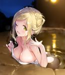  ;d bare_shoulders blonde_hair blush braid breast_rest breasts cleavage covering crown_braid eyebrows_visible_through_hair french_braid large_breasts looking_at_viewer love_live! love_live!_sunshine!! mignon night night_sky nude_cover ohara_mari one_eye_closed onsen open_mouth outdoors partially_submerged sky smile solo steam towel wet white_towel yellow_eyes 