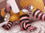  2017 4_toes all_fours anthro arm_warmers armwear bed bedroom big_tail biped biting_lip black_claws black_fur black_nose bulge butt canine claws clothed clothing depth_of_field detailed_background digital_media_(artwork) dipstick_tail dutch_angle eyewear fluffy fluffy_tail fox fur girly glasses green_eyes haiku_(character) hair inside kalvince legwear long_tail looking_at_viewer looking_back male mammal multicolored_fur multicolored_tail on_bed orange_fur orange_hair orange_tail panties pawpads paws pink_pawpads presenting presenting_hindquarters rear_view signature snout socks solo stockings striped_bottomwear striped_clothing striped_legwear striped_panties striped_stockings striped_underwear stripes thigh_highs toe_claws toeless_socks toes two_tone_tail underwear white_fur white_tail 