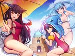  ahri animal_ears ass bad_id bad_pixiv_id black_hair blue_eyes blue_hair blush breasts cleavage eyebrows_visible_through_hair fox_ears fox_tail highres large_breasts league_of_legends lee_seok_ho looking_at_viewer lulu_(league_of_legends) multiple_girls navel open_mouth purple_hair sand_castle sand_sculpture sideboob sitting smile sona_buvelle tail teeth yellow_eyes zac 