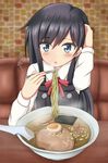  :o asashio_(kantai_collection) black_hair blowing blue_eyes blush bowl chopsticks commentary_request eating egg eyebrows_visible_through_hair food hair_between_eyes hand_in_hair highres holding holding_chopsticks indoors kantai_collection long_hair noodles open_mouth ramen red_ribbon remodel_(kantai_collection) ribbon shirt solo tamayan white_shirt 