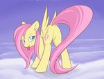  blue_eyes cutie_mark day equine featureless_crotch female feral fluttershy_(mlp) friendship_is_magic fur hooves mammal mile my_little_pony pegasus sky smile solo standing tongue wings xduskstarx yellow_fur 