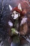  2016 anthro canine clothed clothing coat earbuds female fully_clothed hair headphones hihikori hood mammal night phone smile snow solo unknown_species winter 