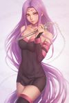  bare_shoulders blindfold_removed chain collar collarbone detached_sleeves fate/stay_night fate_(series) highres lavender_eyes lips long_hair looking_at_viewer miura-n315 nameless_dagger purple_hair rider standing thighhighs very_long_hair weapon zettai_ryouiki 