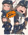  aimai_(luckyfive) braid broom brown_eyes gloves goggles goggles_on_head hat_feather little_witch_academia missing_tooth multiple_views nelson_(little_witch_academia) sitting tareme translated 