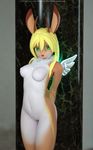  2017 3d_(artwork) anthro ashnar blender_(software) blonde_hair breasts digital_media_(artwork) female fur green_eyes hair jackalope lagomorph looking_at_viewer mammal navel nipples nude phina_(ashnar) pussy solo standing white_belly white_fur wings 