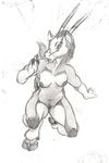  2015 antelope anthro big_breasts breasts brown_fur chiwara cloven_hooves female fur greyscale hooved_fingers hooves horn kneeling mammal mane monochrome nipples nude open_mouth pencil_(artwork) raised_tail realistic scale_(artist) simple_background slightly_chubby solo standing text traditional_media_(artwork) voluptuous white_background 